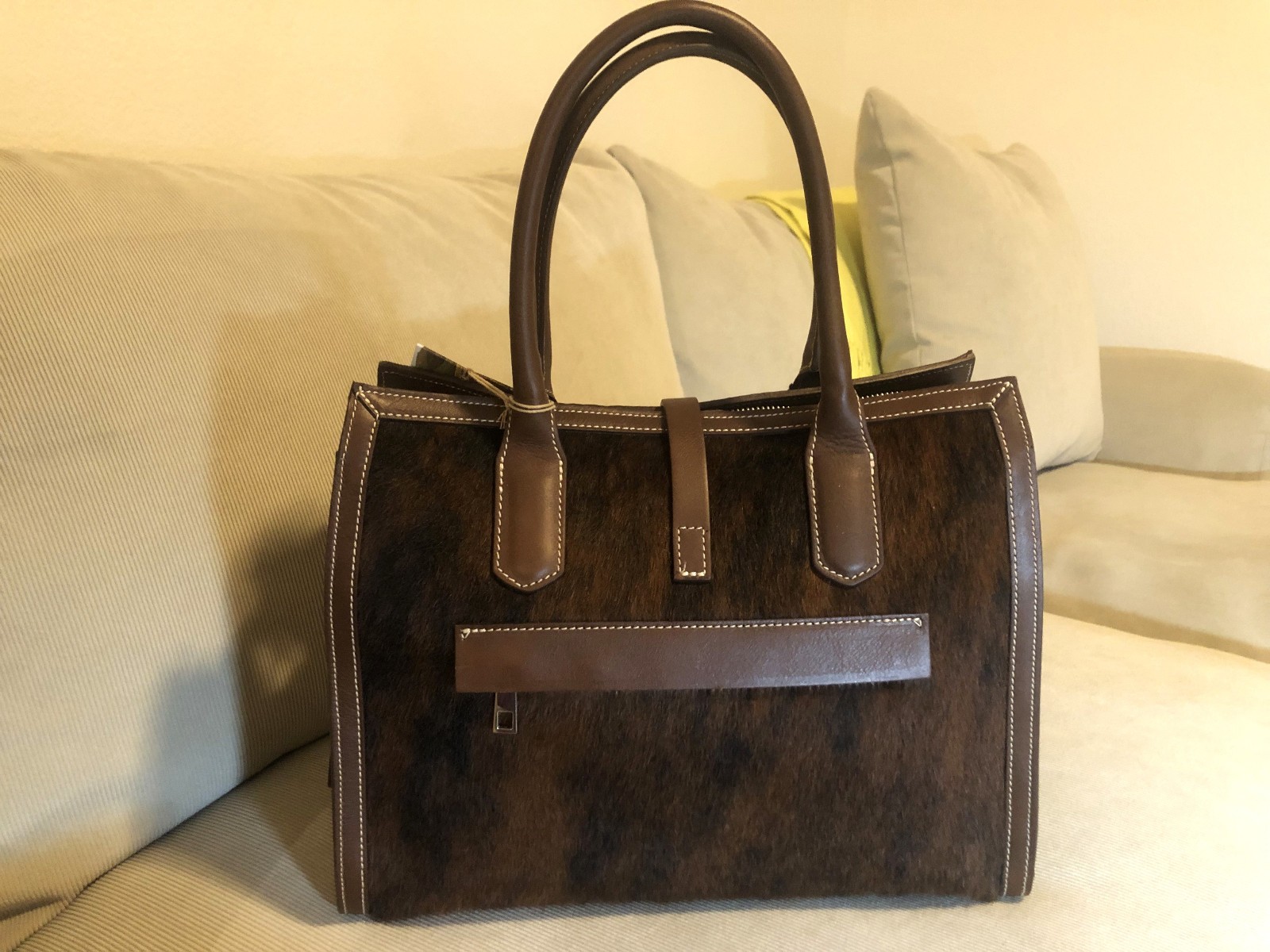 CAVALCANTI Italian DESIGNER LeatherCACAO BROWN HAIRCALF SATCHEL SHOULDER BAG NWT