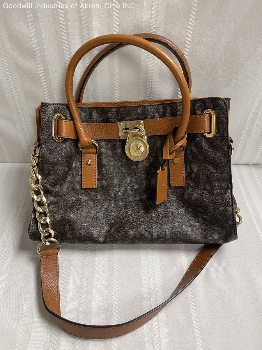 Michael Kors Brown Monogram Hamilton Satchel Handbag Gold Hardware COA
