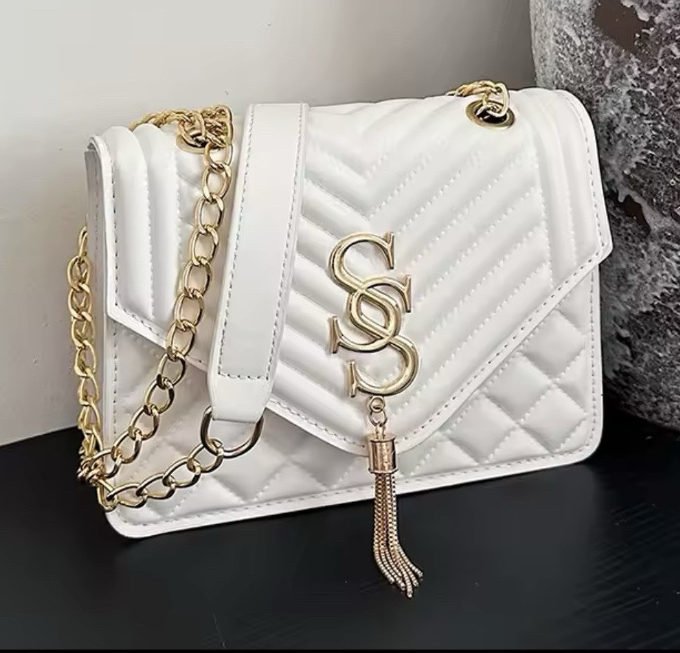 White Small Quilted Flap Crossbody Bag Gold Chain Strap Tassel Magnetic