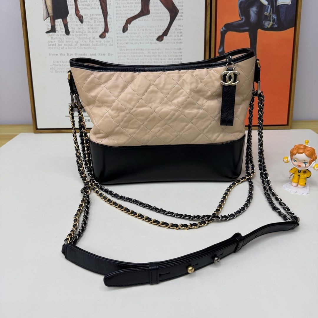 Chanel Gabrielle Medium Beige Black Calfskin Mixed Hardware Hobo Crossbody Bag