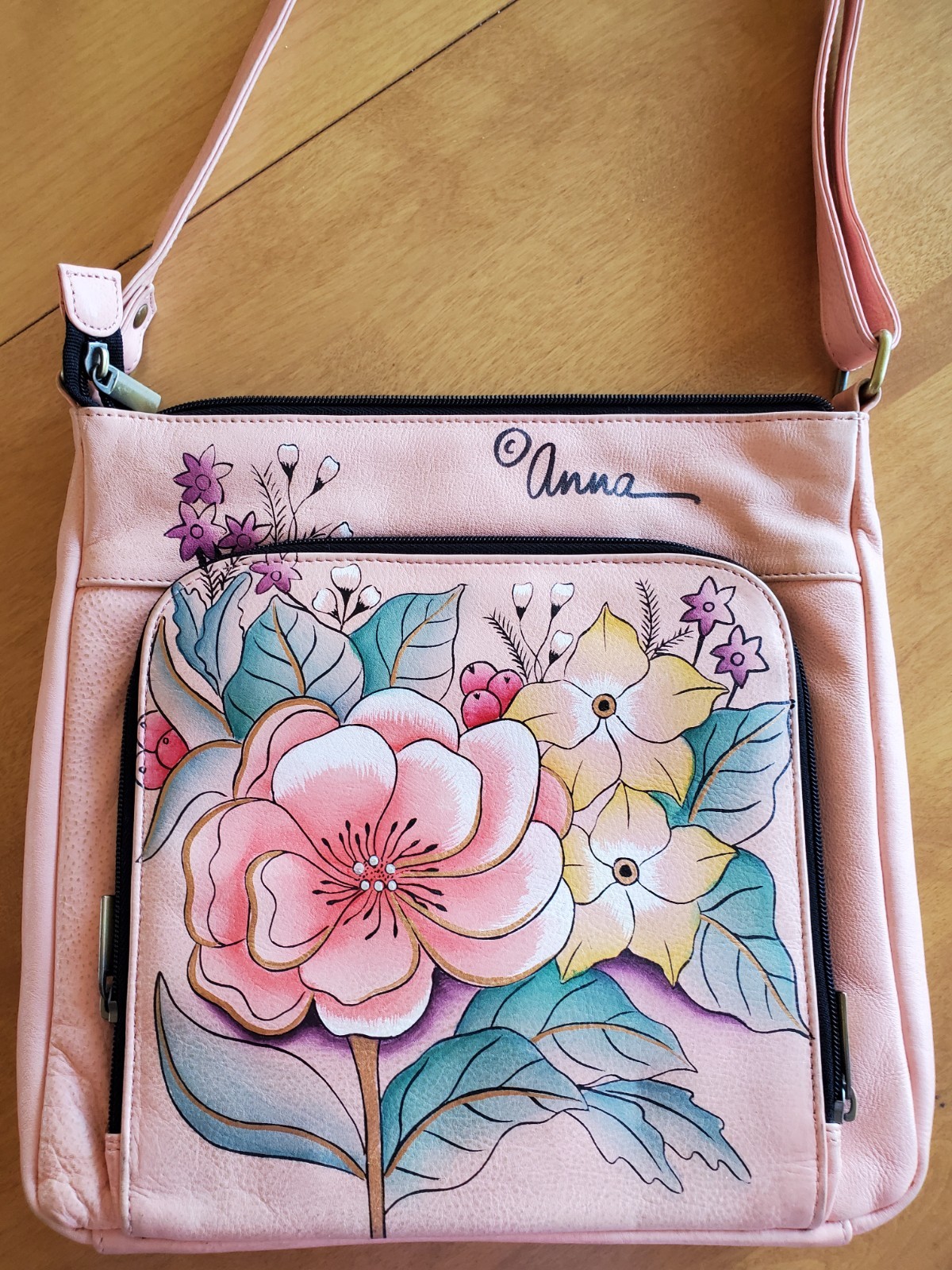 Anuschka Retro Crossbody Purse Pink w/ Birds and Flowers Adjustable strap