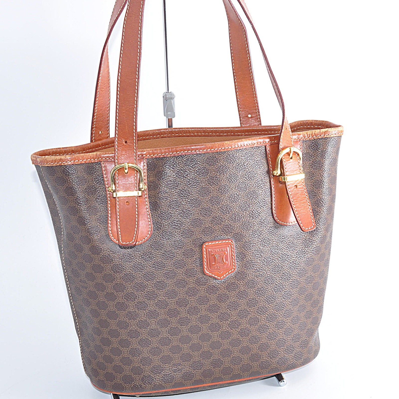 CELINE Macadam Hand Bag PVC Leather Brown Zip Used Auth 12979