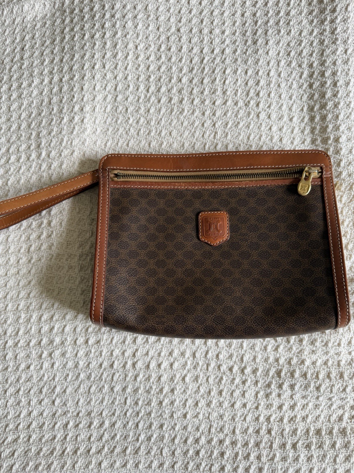 CELINE Triomphe Macadam Leather Clutch Cosmetics Travel Bag Italy Authentic