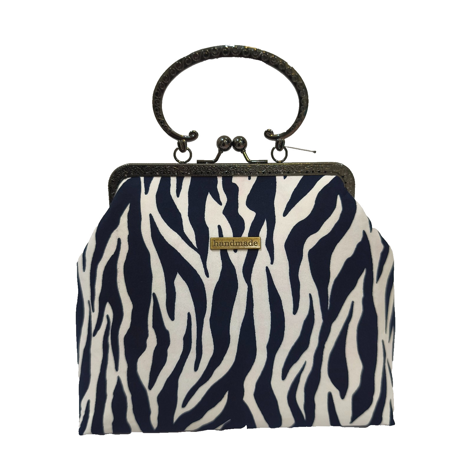 Handmade Zebra Print Kiss Lock handbag Clutch | Vintage Metal Frame Evening Bag