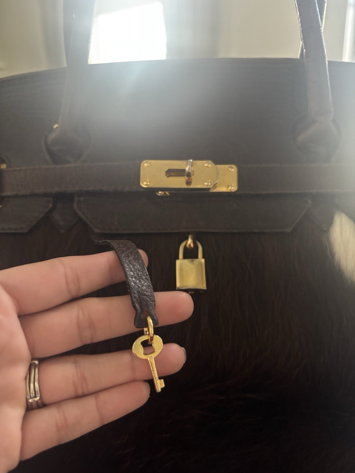 Italian Vintage Leather & Cowhide Satchel Top Handle w/ Padlock Key Gold