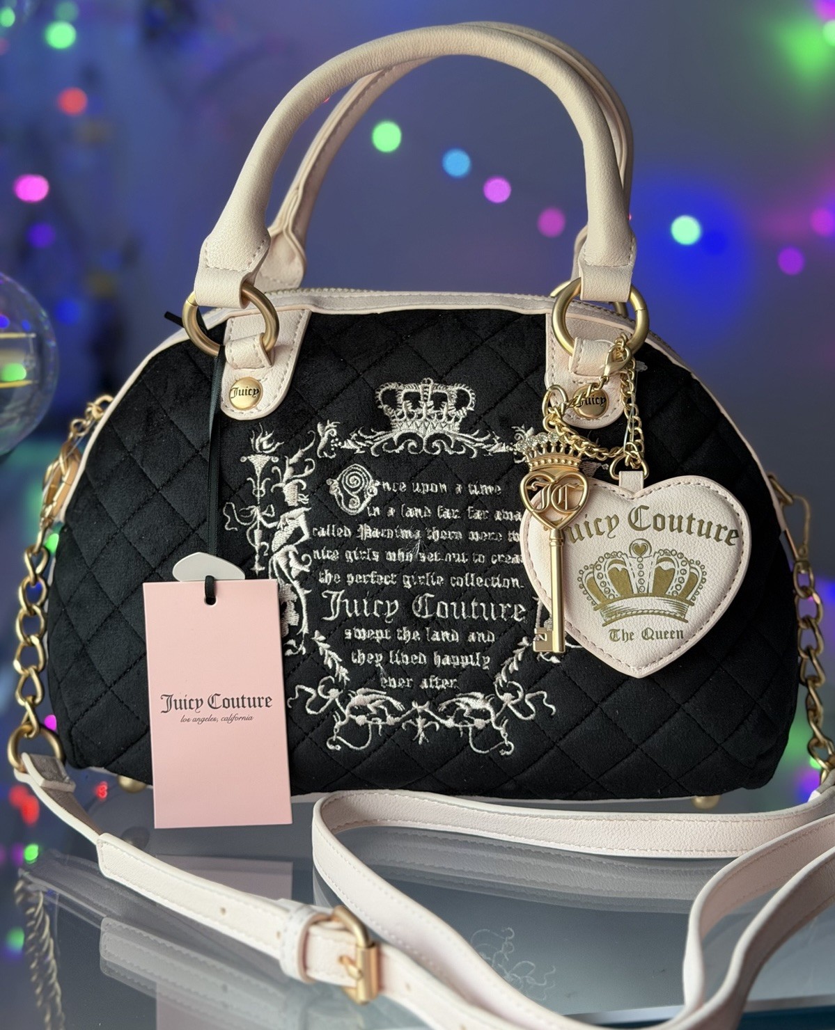 Juicy Couture Tale Black Velour Quilted Satchel Pink Trim Crown Embroidery Heart