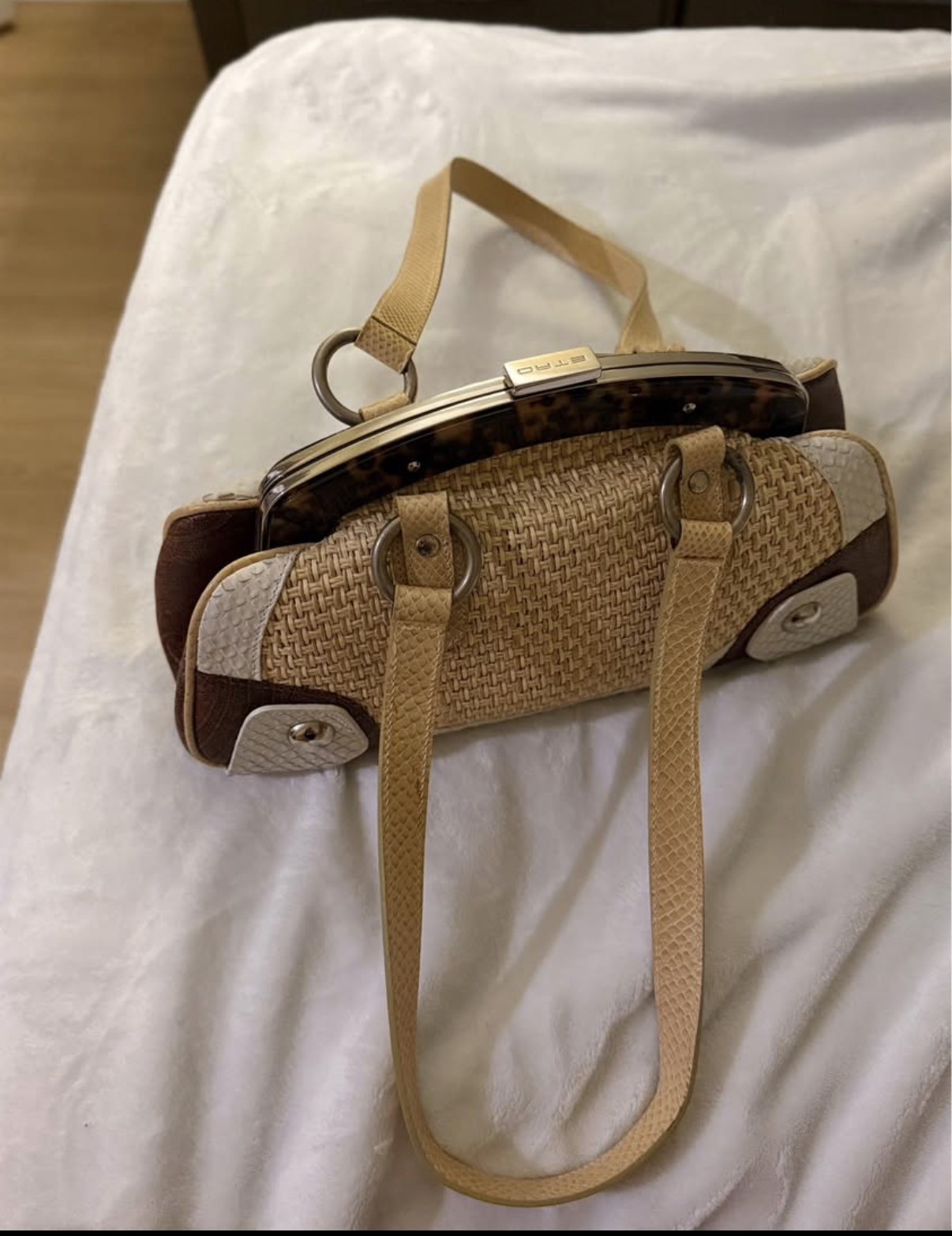 Etro Milano Handbag Womens Beige Woven Straw Leather Trim Tortoise Frame Italy
