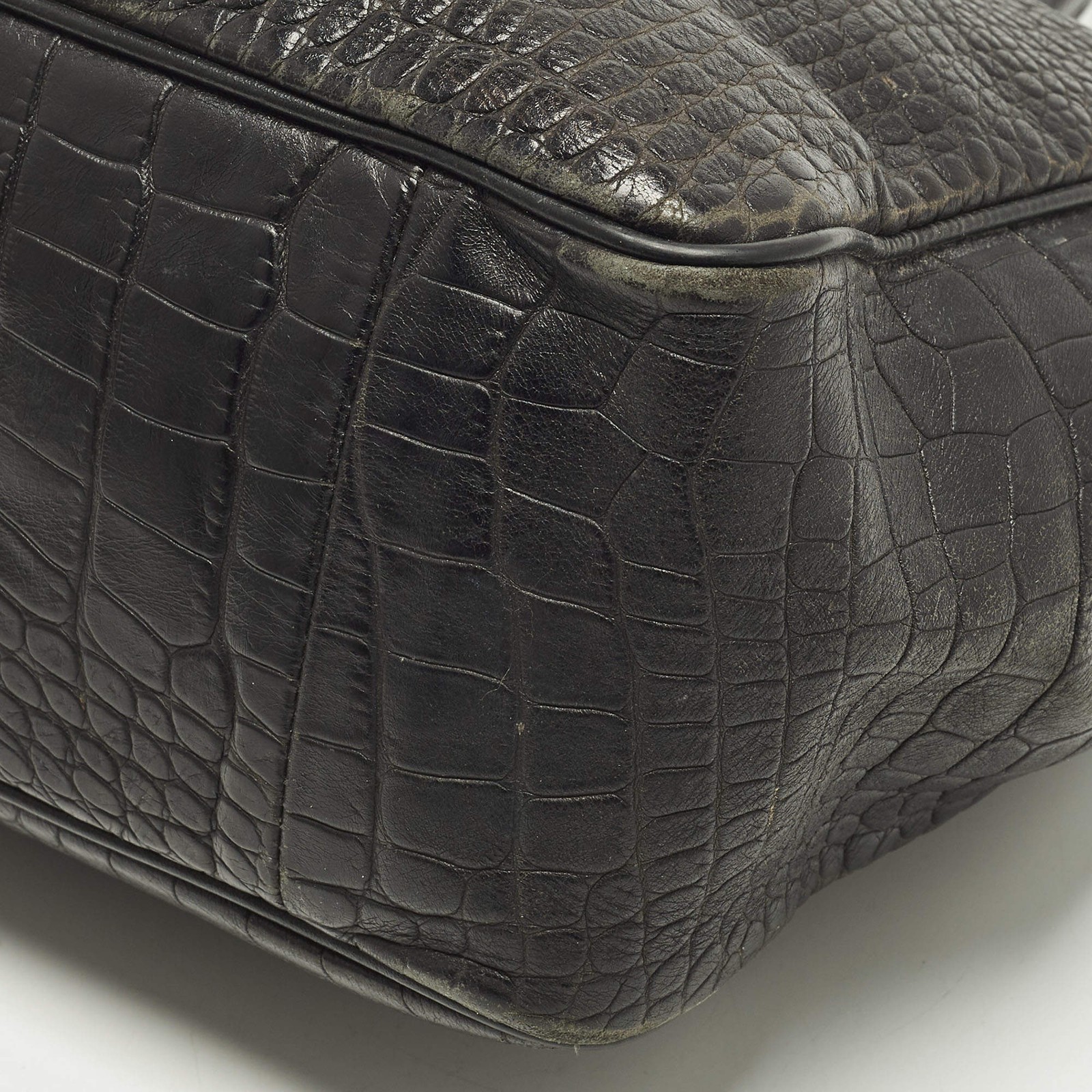 Longchamp Roseau Black Croc Embossed Leather Tote
