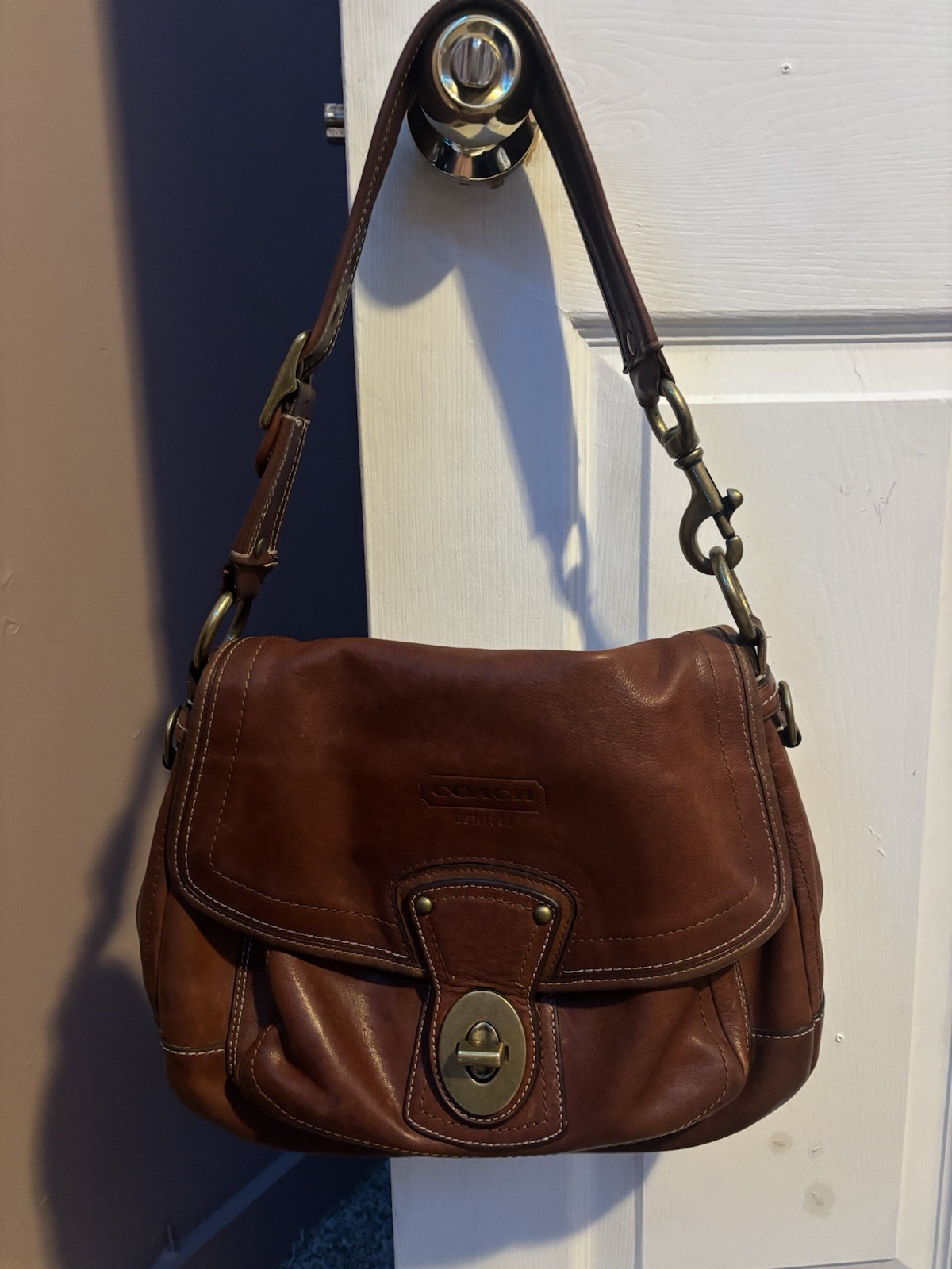 Coach Brown Shoulder Bag Turn Lock Zip Striped Lining Pockets Hangtag