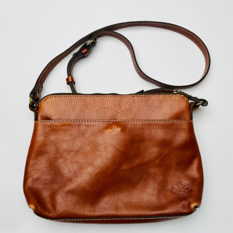 Patricia Nash Tooled Leather Crossbody Bag Tan Cognac Whipstitch Flap Purse