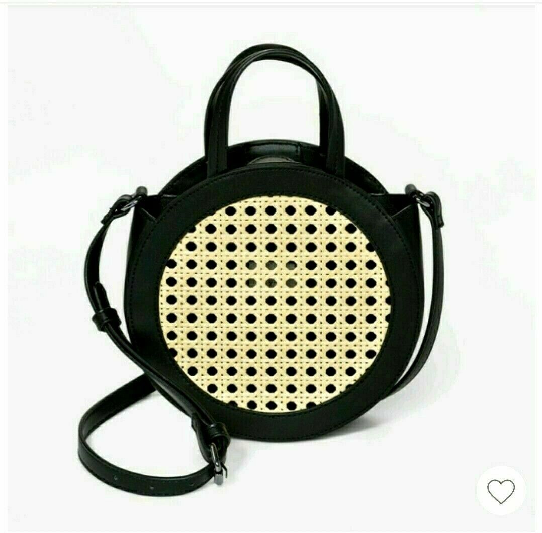 New Round Crossbody Bag Purse Handbag Black Faux Leather & Woven Straw A New Day