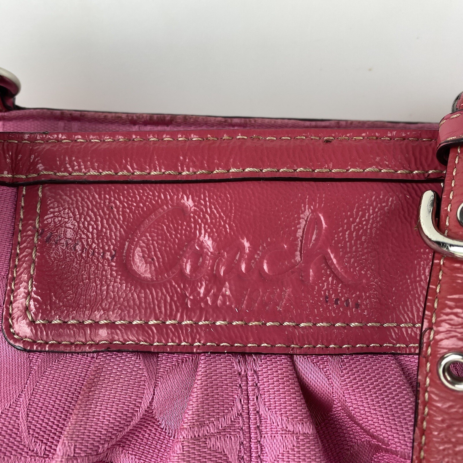 PINK COACH PURSE Hot Pink Signature C Logo Fabric Leather Handles Vintage