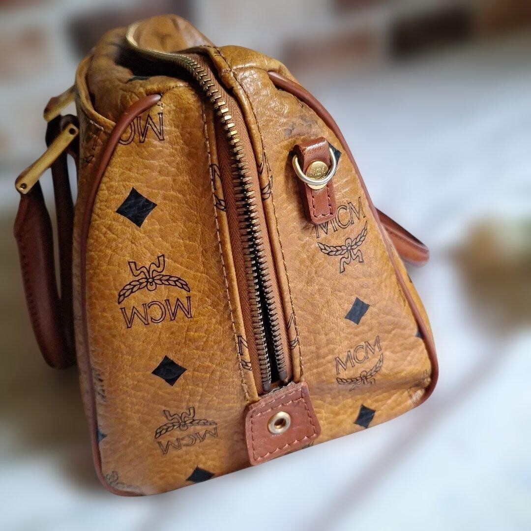 MCM Visetos Mini Boston Bag Brown Monogram Logo Plate Handbag Women Vintage
