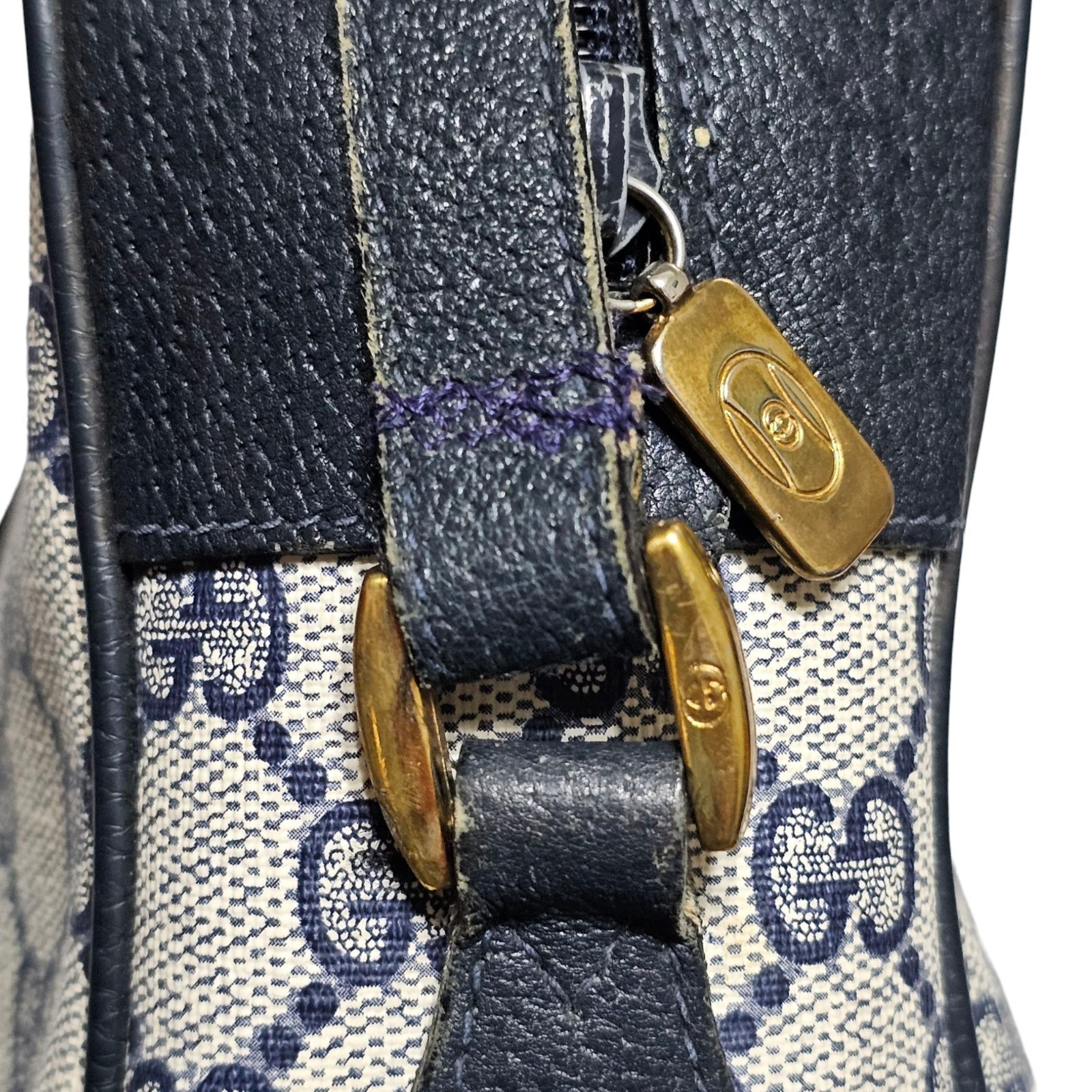 Vtg Gucci Accessory Collection Crossbody Bag 80s Blue Canvas Stripe Sherry Dust
