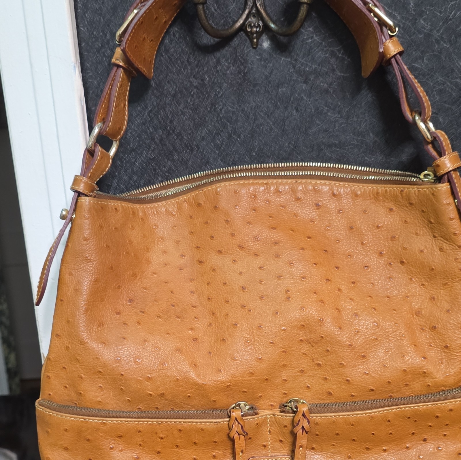 Brown Ostrich Pattern Embossed Shoulder Bag Zip Top Gold Hardware Lined Pockets