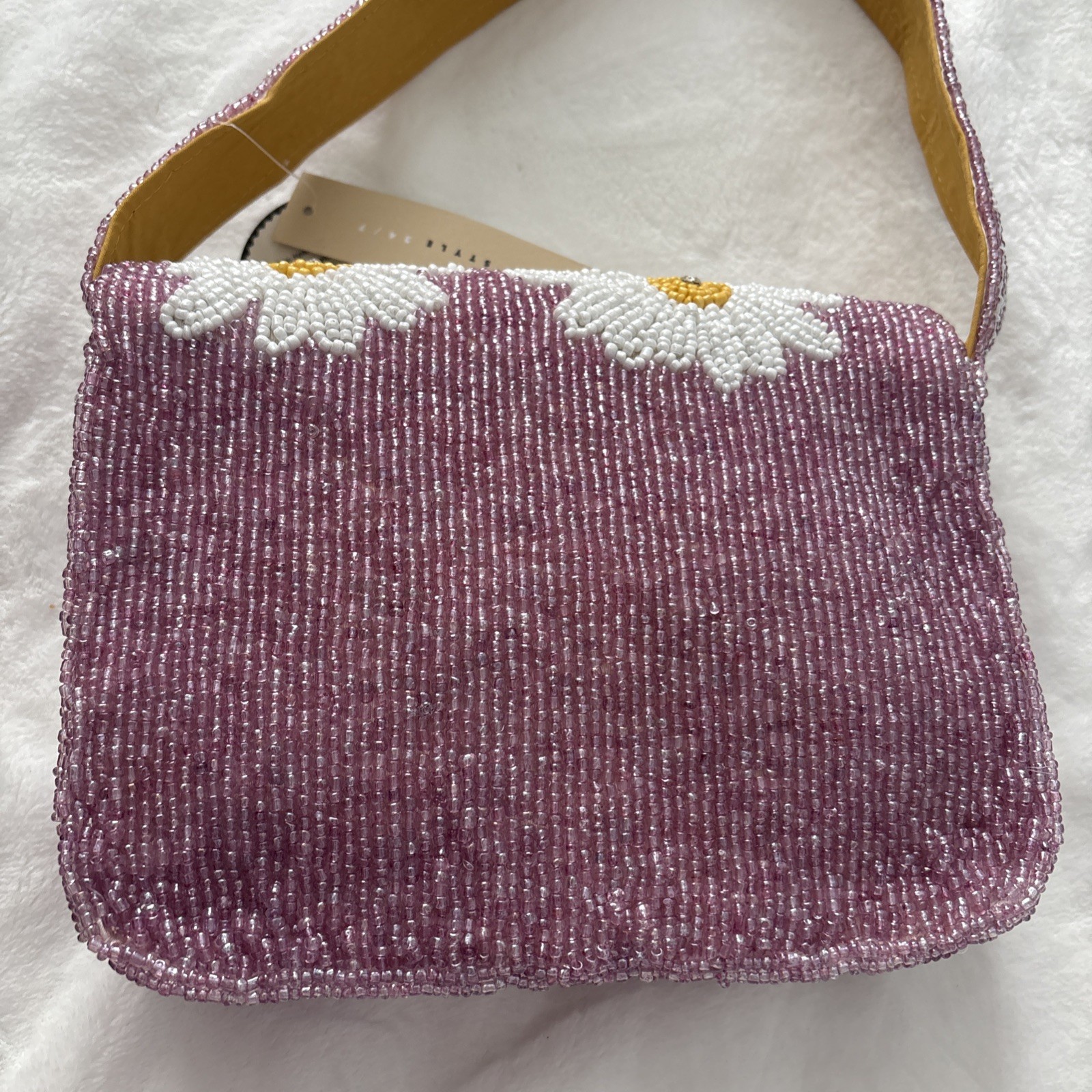 Handcrafted in India Lavender White Daisy Floral Beaded Bag Purse NWT