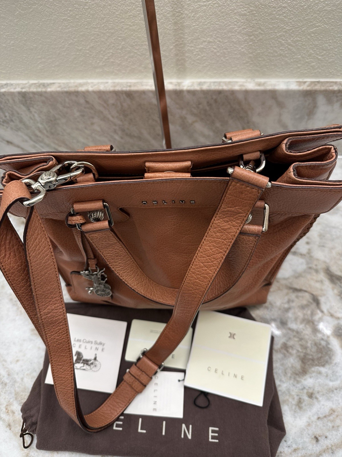 CELINE Orlov Brown Satchel Top Handle Bag w/ Strap, Charm, Dust Bag, Cards
