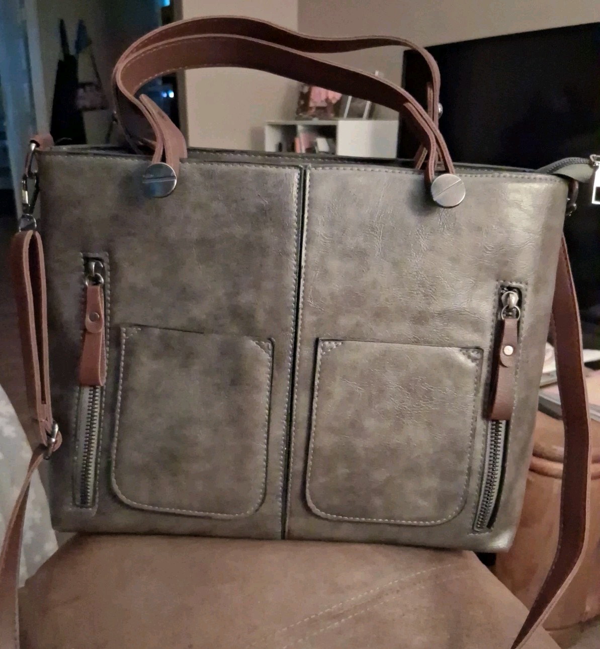 Unbranded Purse, Med-Large Size, Brown Marbled Color, Top Handle & Shoulder