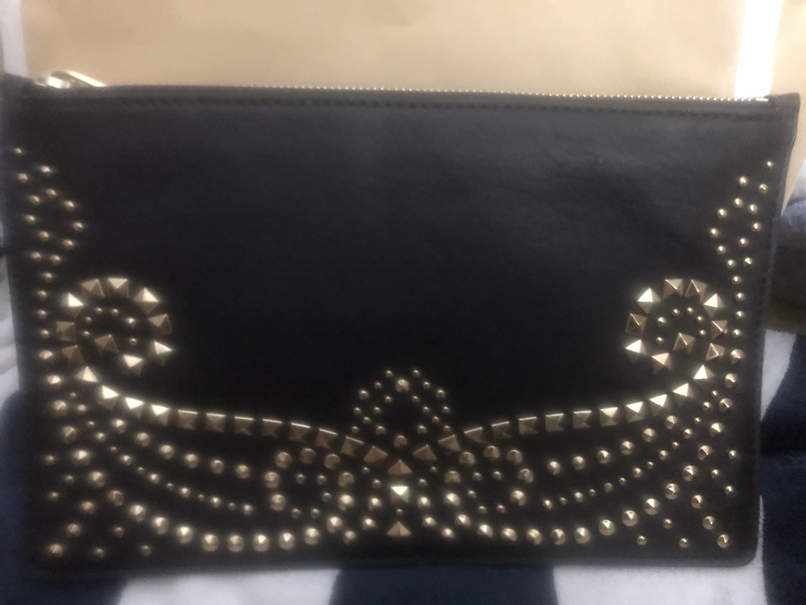 Michael Kors RHEA Dark Chocolate Studded LG Zip Clutch Leather