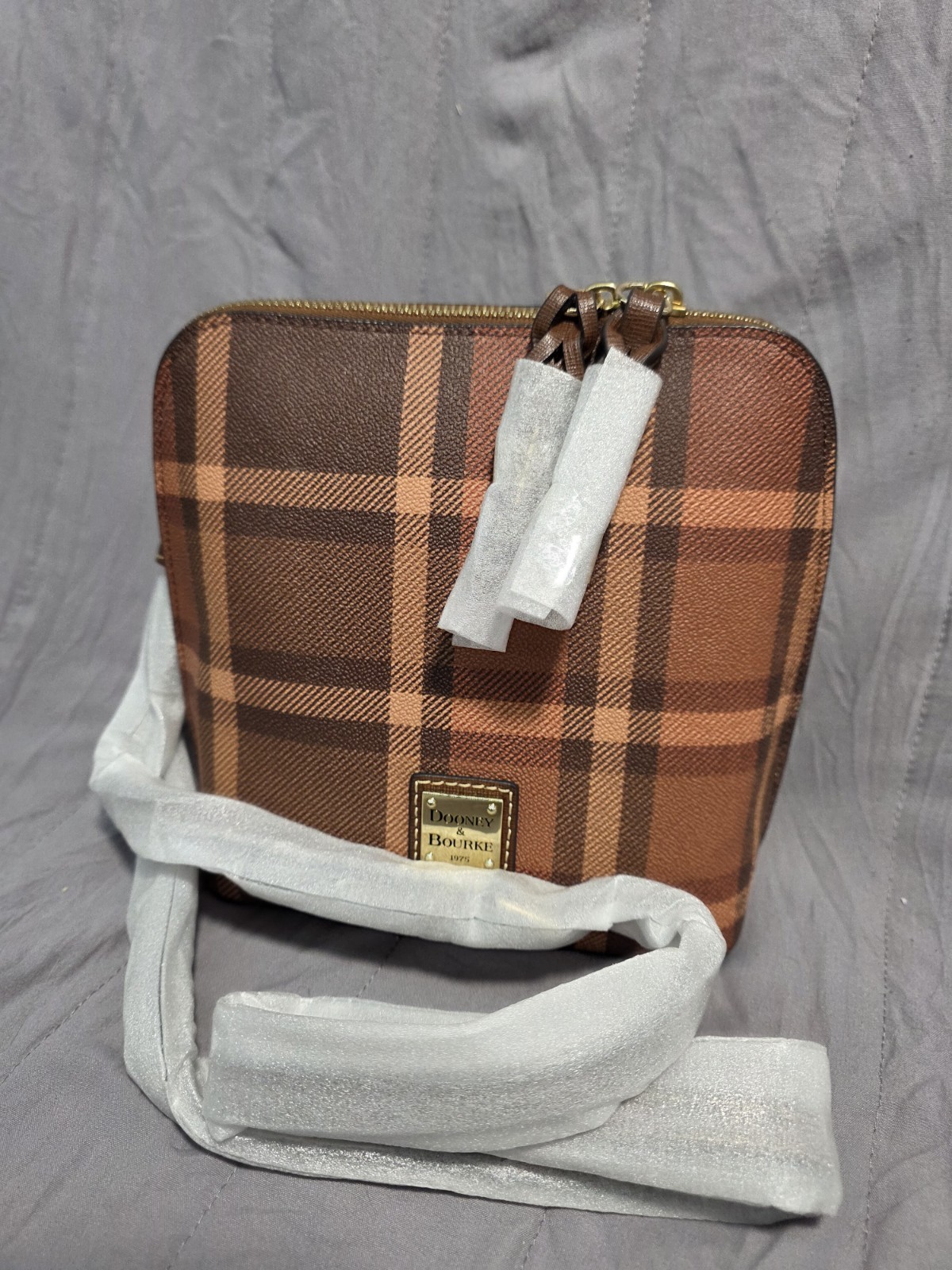 Dooney & Bourke Brown Plaid Shoulder Bag with Logo Plaque, Zipper, Red Lining