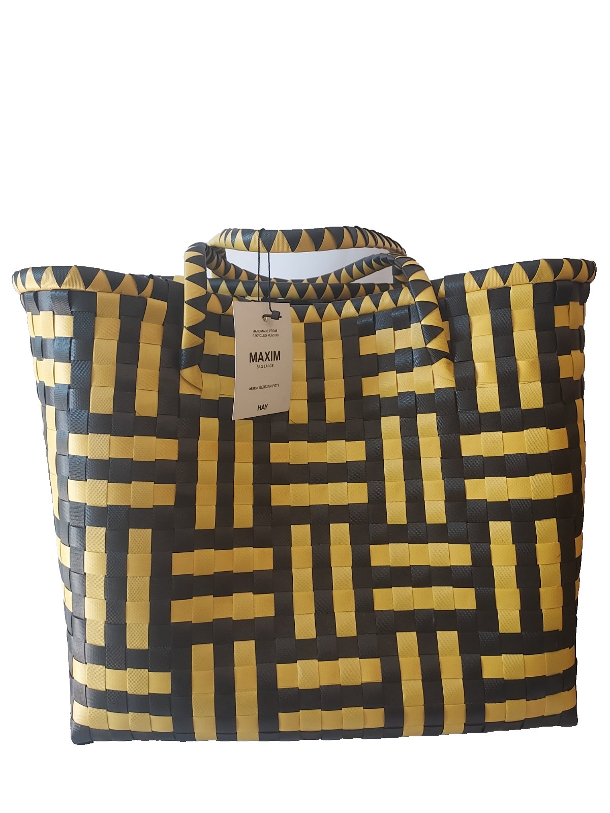 Hay Weaved Large Tote Bag, Black/Yellow basket wave two-tone design open top.
