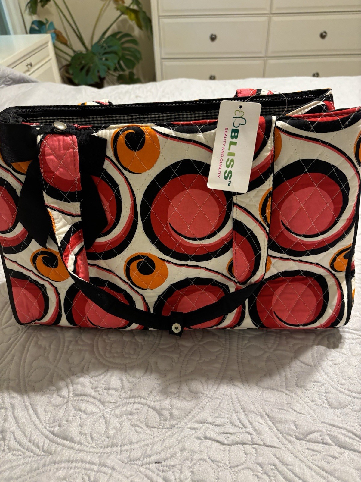 Bliss Quilted Geometric Tote Bag Red Orange Black White Bow Zipper Changing Pad