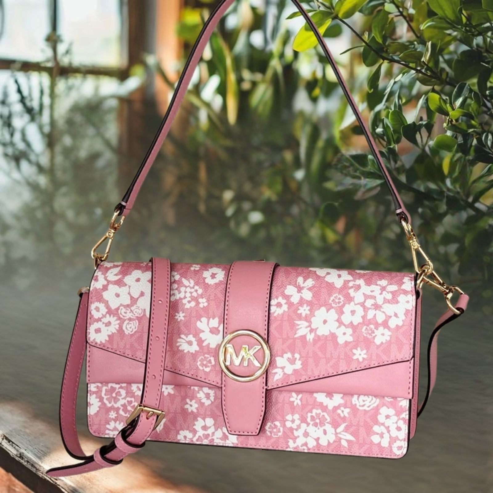 Michael Kors Greenwich Women Medium Printed Logo Flap Shoulder Bag Carnation