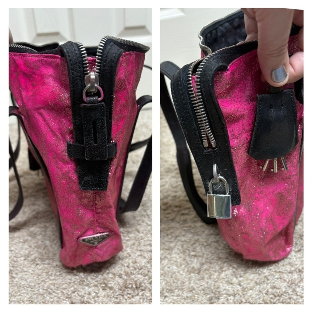 Prada Tessudo pink nylon black leather upcycled glitter zipper tote lock key GUC