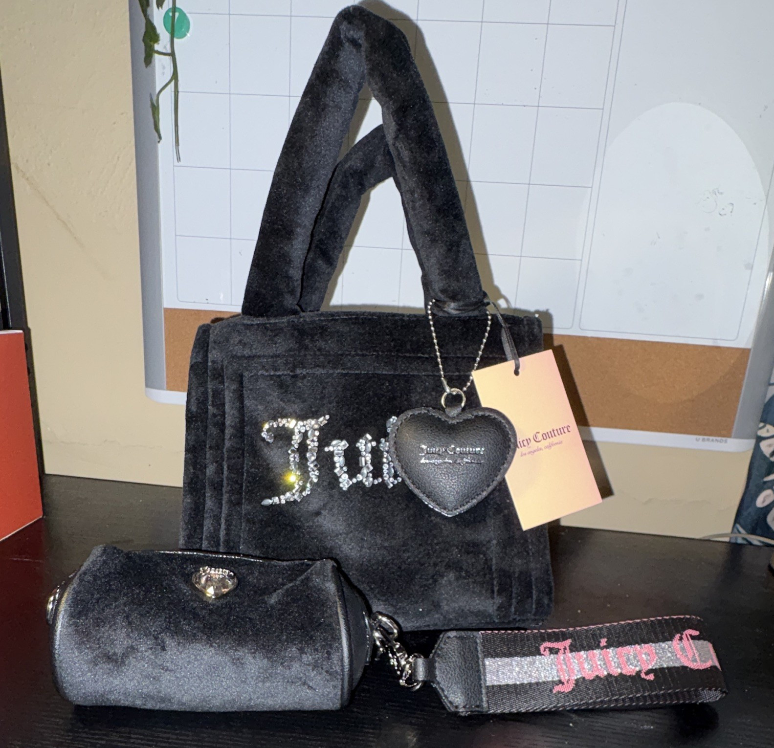 Juicy Couture Black Rhinestone Logo Small Tote w/ Coin Purse & Heart Charm