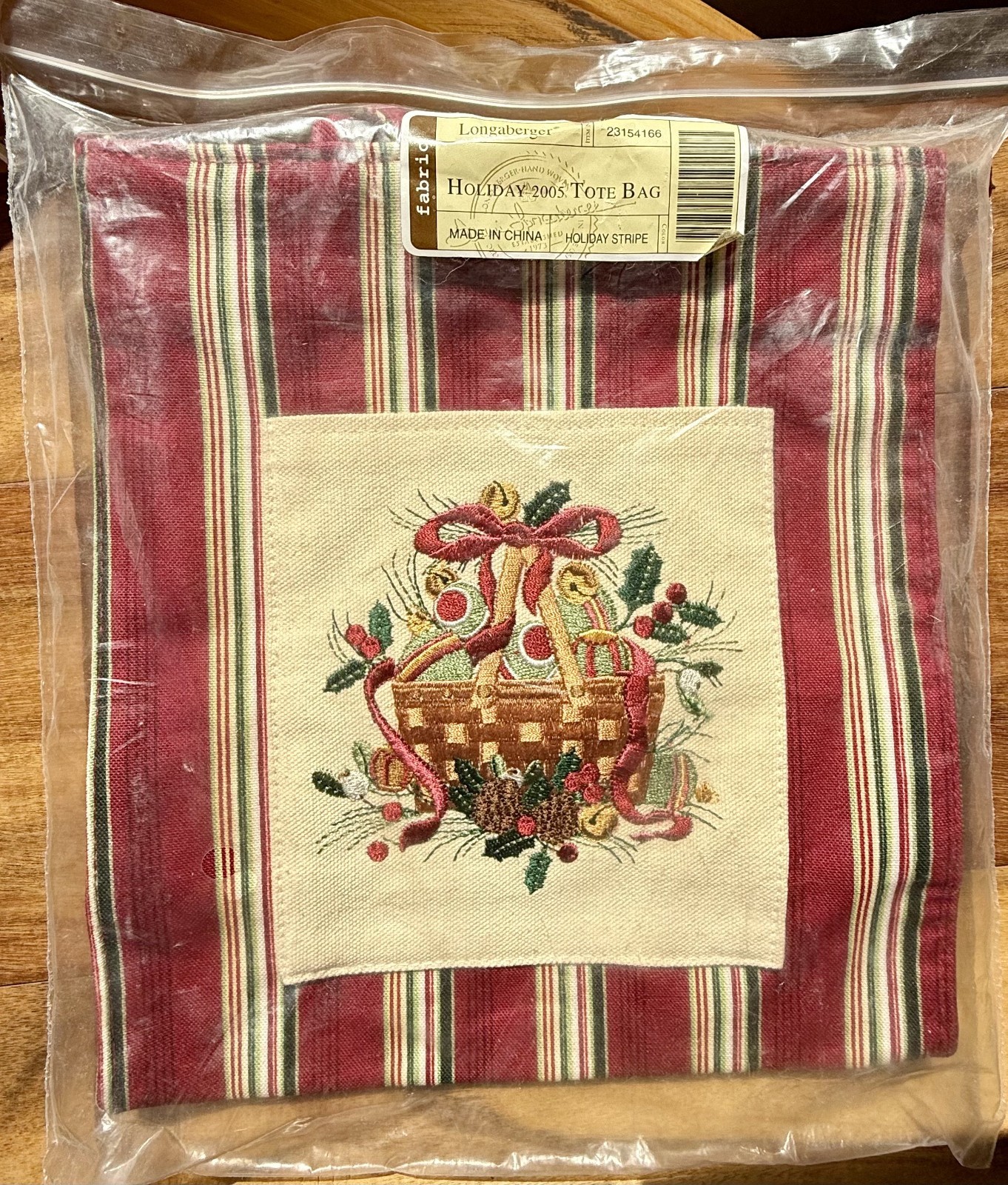 Longaberger 2005 Holiday Tote Bag Striped Embroidered Front Pocket