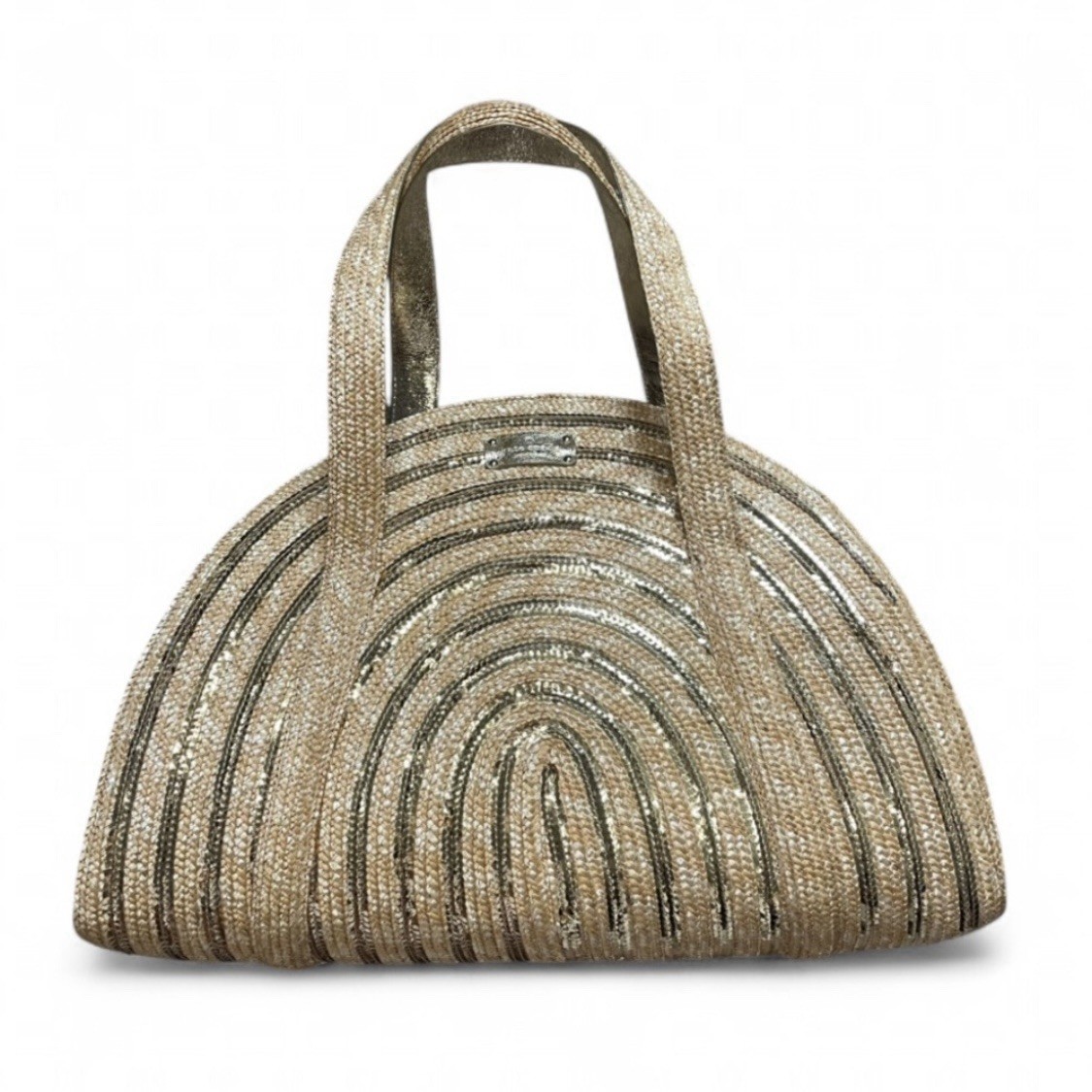 Kate Spade Lawn Party Half Circle Tote Bag Gold Sequin and Woven Wicker Colorway