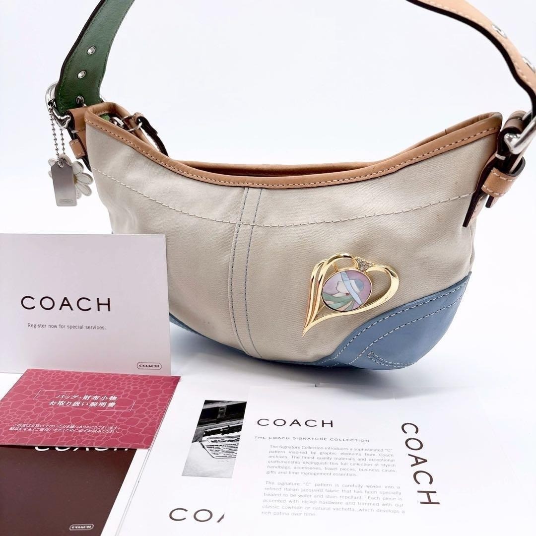 COACH Half Moon Floral Shoulder Bag Daisy Charm Heart Pin Ivory Rare Y2K