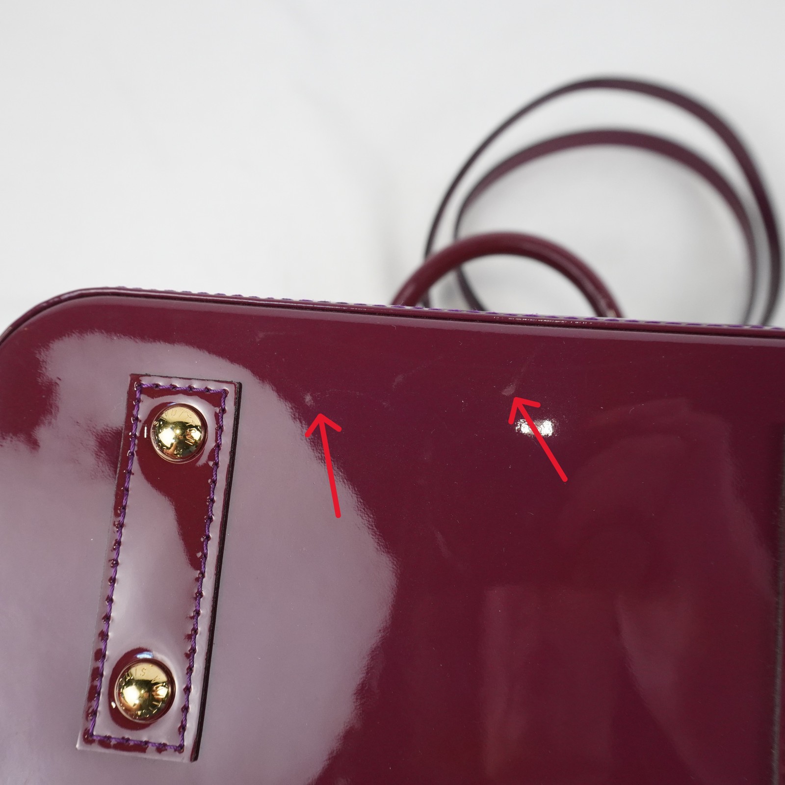 Louis Vuitton Vernis Monogram Alma BB Handbag In Burgundy With Gold Hardware