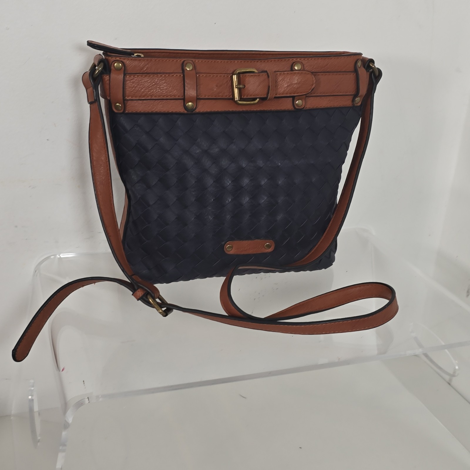 Women Blue/Brown Woven Crossbody Bag Zip Buckle Detail Gold Hardware Beige