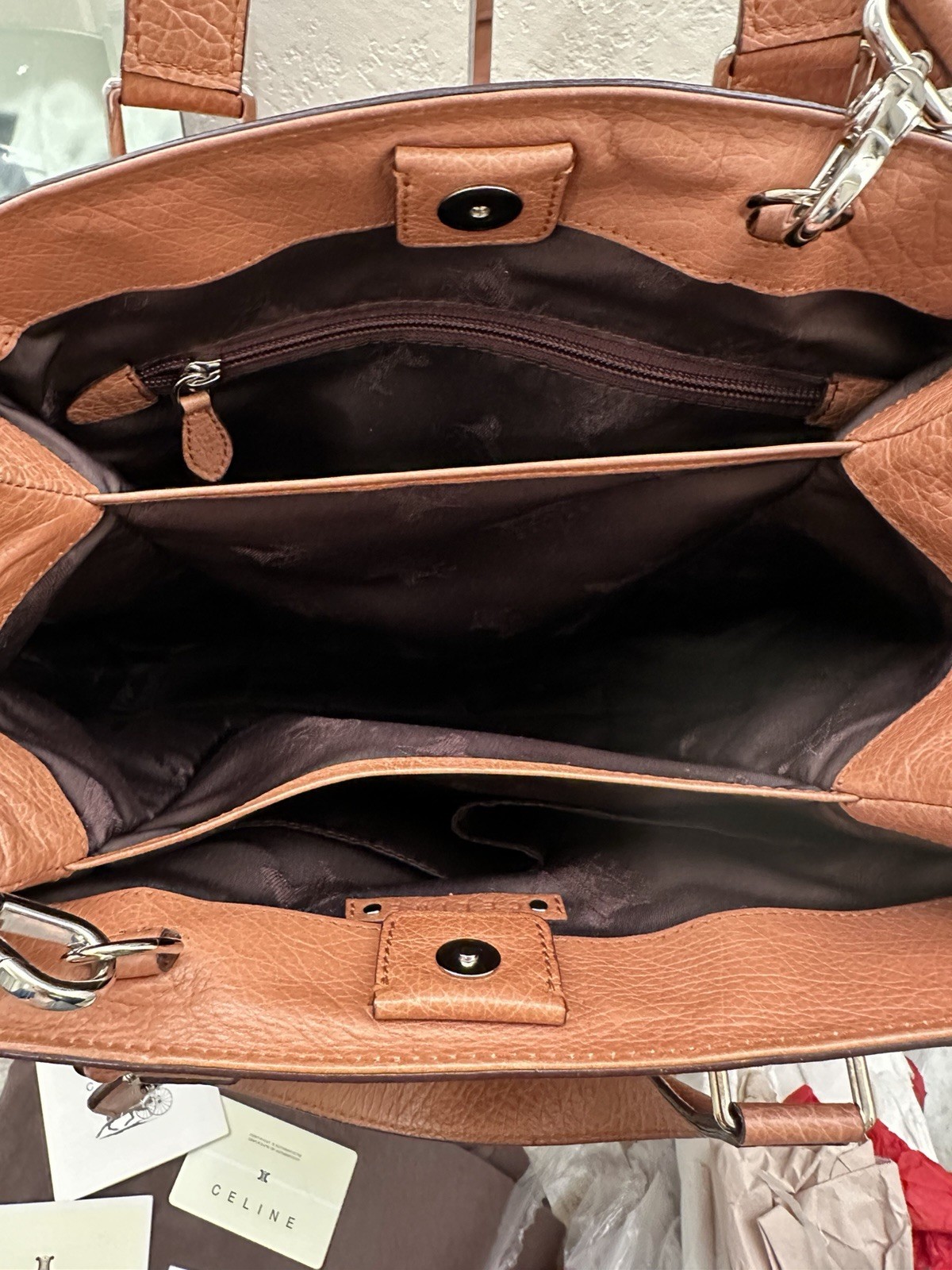 CELINE Orlov Brown Satchel Top Handle Bag w/ Strap, Charm, Dust Bag, Cards
