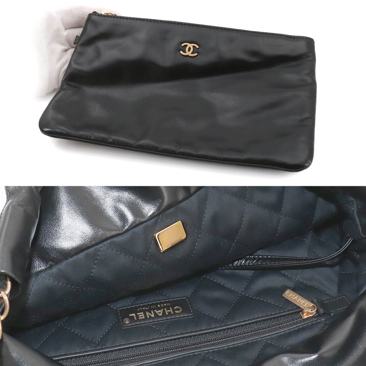 CHANEL 22 Small Chain Shoulder Bag Leather Black White Stripe AS3260 90330854
