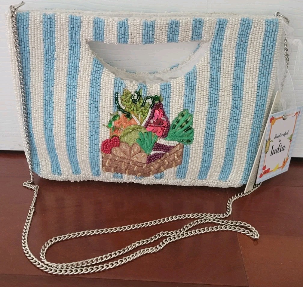 Made In India Viral Veggie Striped Beaded Clutch Bag Crossbody NWT