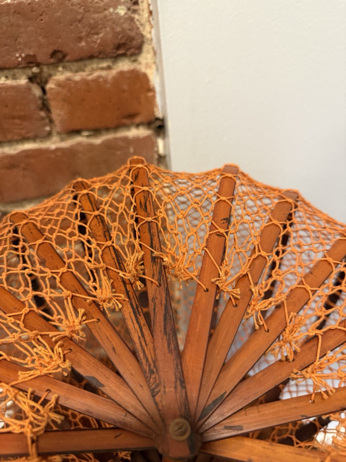 Vtg 1950s Japanese Folding Bamboo Basket Purse Orange Fishnet Collapsible Bag
