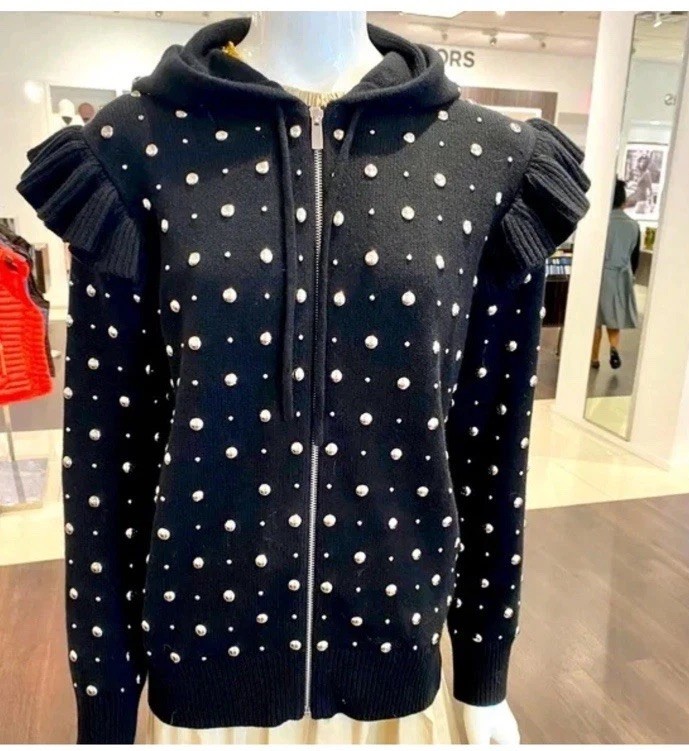 Michael Kors Collection Black Cashmere Zip Up With Silver Studs