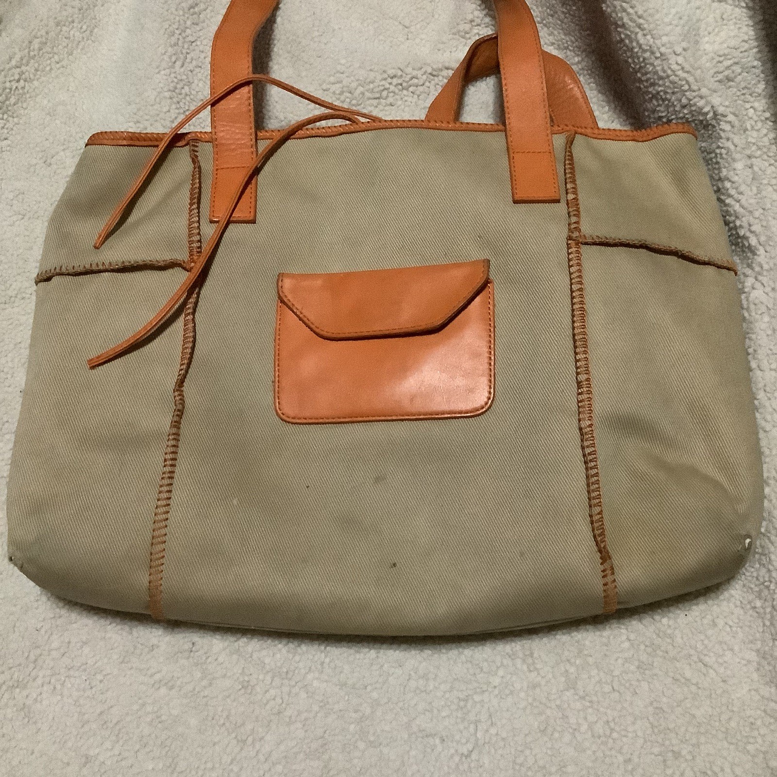 UGG Australia Medium Tote Bag Canvas Leather Beige Orange 9.5 x 13 Inch FLAWS