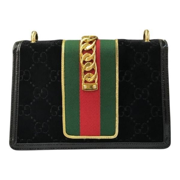 GUCCI Sylvi Shoulder Bag Women’s Velour GG Pattern Gold Chain Black 524405 Used