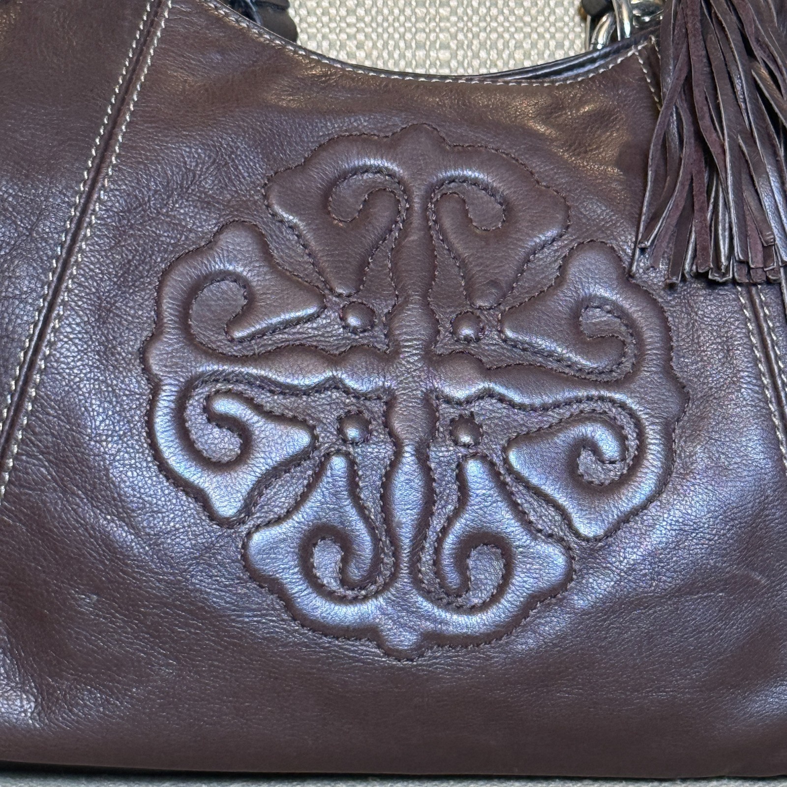 Solina Brown Genuine Leather Hobo Shoulder Bag Satchel Embossed Scroll Emblem