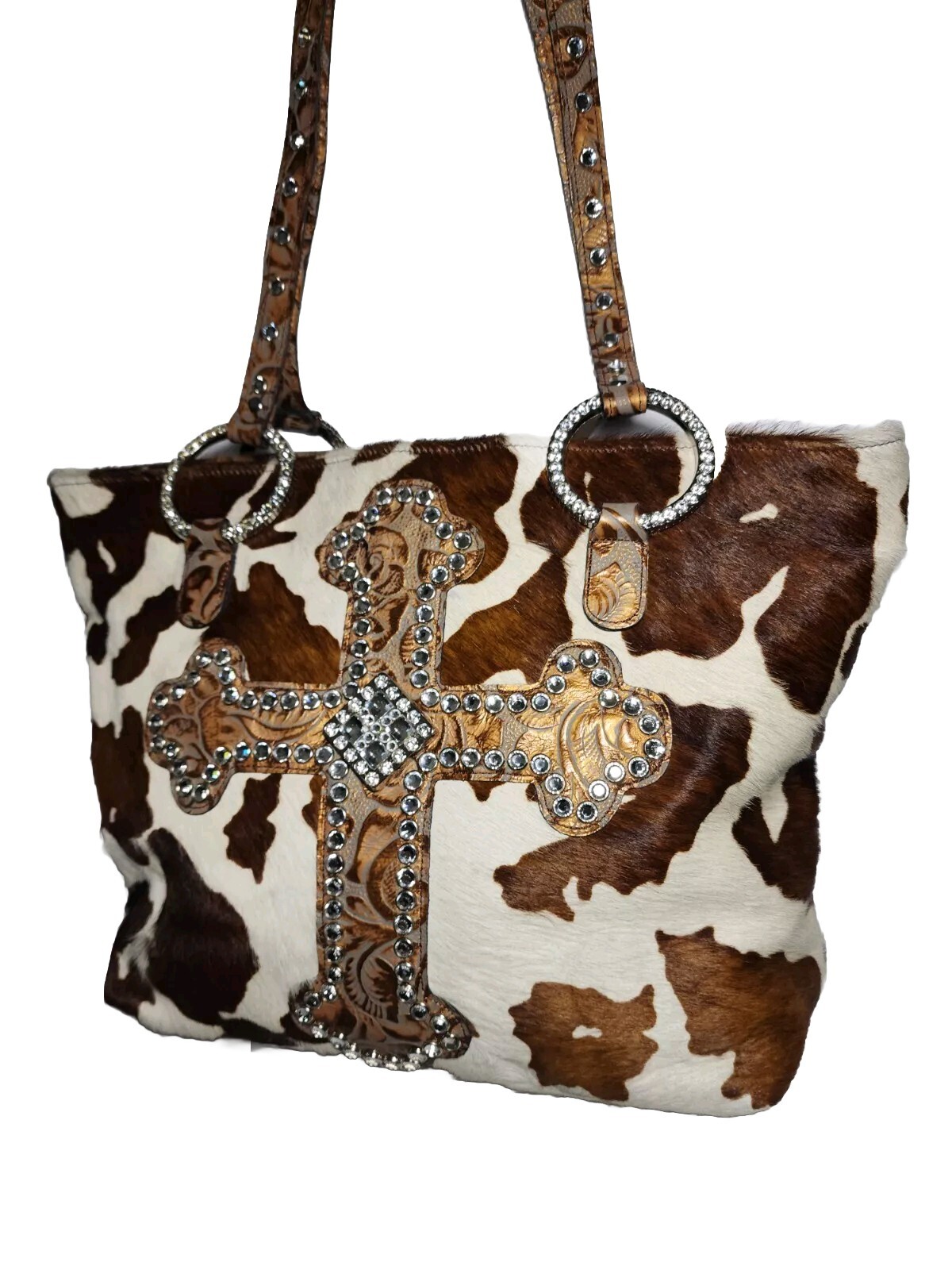 RAVIANI SUSANNE’S CRYSTAL EMBELLISHED 3D CROSS & ROSES CALF HAIR ON LG TOTE $545