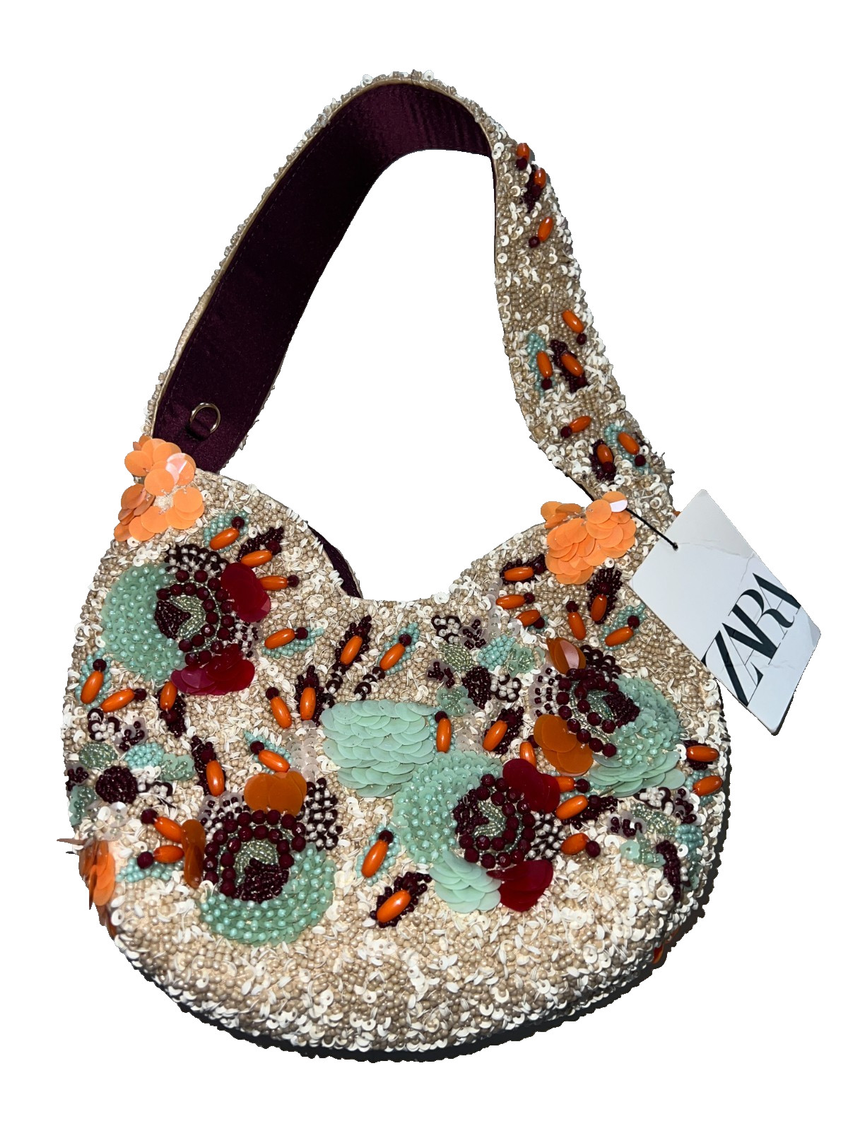 ZARA Womens Beaded Mini Bucket Bag Purse Sequined embellished Ecru 6587/510 NWT