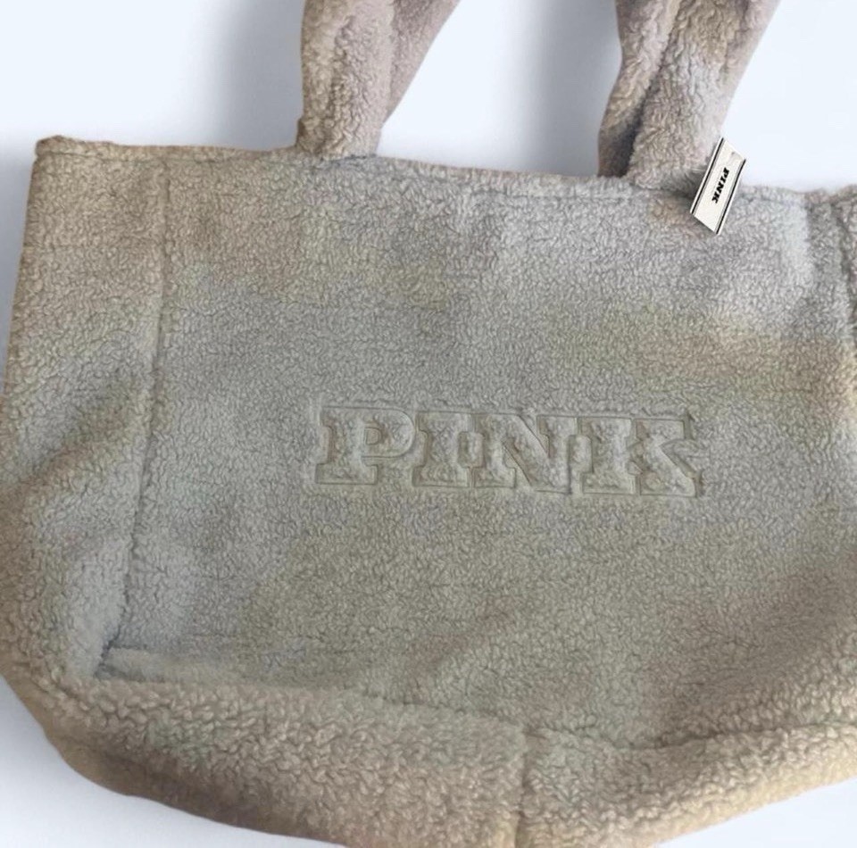 PINK Gray Sherpa Tote Bag Lined Top Handle Logo Accent Solid One Size