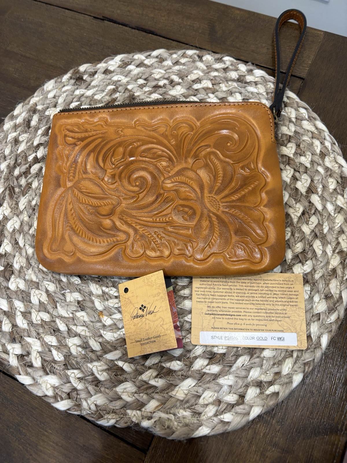 PATRICIA NASH Leather Wallet Wristlet Embossed Tooled Zip Cognac Brown