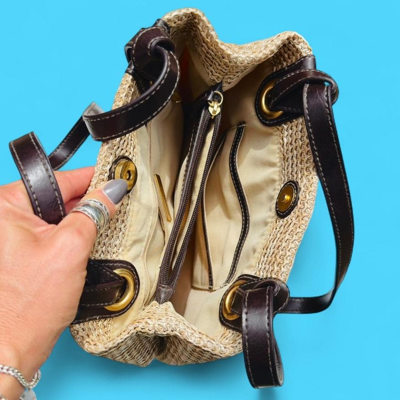 90s Amanda Smith raffia bag w/ brown leather straps