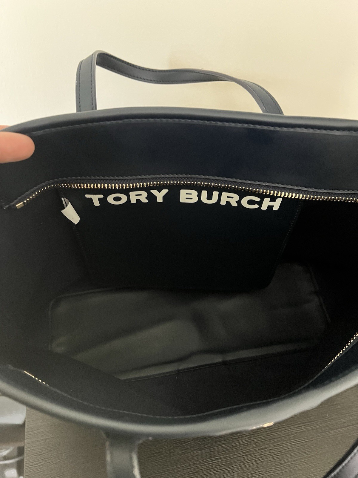 Tory Burch Blue White Logo Large Tote Top Zip Gold Hardware Bag Charm