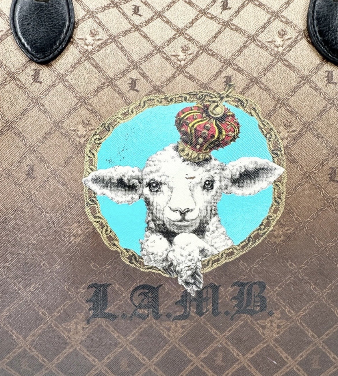 L.A.M.B. Logo Tote Bag Brown/Beige Lamb Graphic Striped Lining Padlock