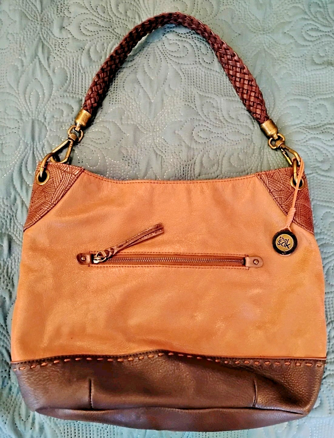 REDUCED-The Sak Indio Two Tone Brown Leather Hobo Bag Purse Braided EUC FREESHIP
